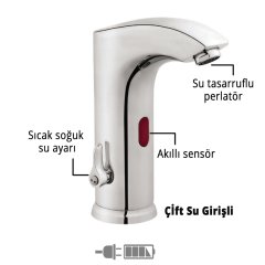 Hera Çift Su Girişli Fotoselli Lavabo Bataryası Sensörlü Lavabo Musluk